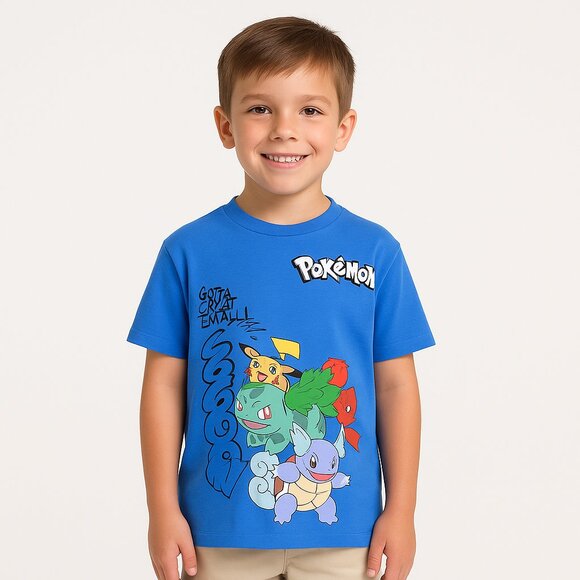 Boys Blue Pokémon Pikachu Short Sleeve Graphic Tee Lightweight Jersey Top - Picture 1 of 3